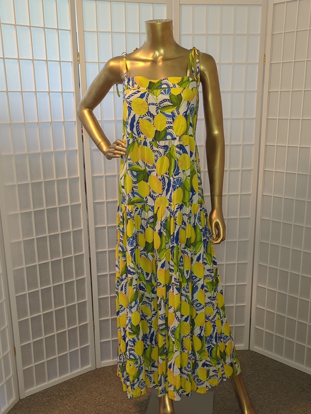 Kenny Flowers Yellow Lemon-Print Tie-Shoulder Maxi Dress
